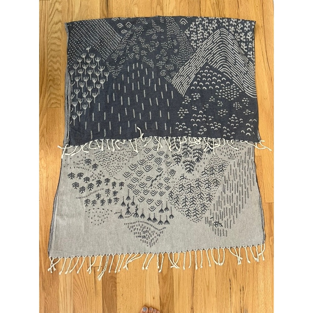 Woven Reversible Landscape Scarf Navy Grey Abstract Tree Mountain Print Fringe